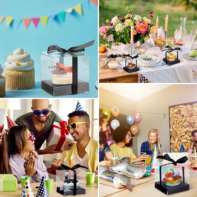 96 Pieces Individual Cupcake Boxes Single Cupcake Container Clear Cupcake Carrier Plastic Cupcake Storage Cupcake Holder with Ribbon and Insert for Wedding Birthday Party Favor, 3.5 x 3.5 x 3.5(Black)