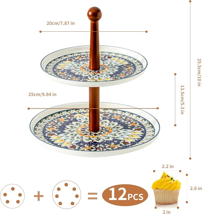 2 Tiered Cupcake Dessert Stand Ceramic, Tiered Serving Cake Stand Bohemian Plates Tray Food Grade Dessert Display Stand, Beautiful Gift for Tea Party, Weddings Parties & Home Décor (Blue)