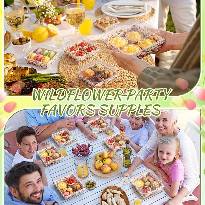 Potchen 50 Pack Bakery Boxes with Clear Lids, Disposable Charcuterie Treat Boxes for Cookies, Donuts, Cupcakes, Candy and Mini Cake, Party Favor for Wedding and Gift Giving (Wildflowers)