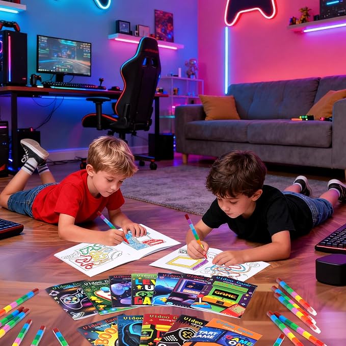 BenLouis 24 Video Game Mini Coloring Books Kids with 24 Stacking Crayons Gaming Party Favors Activity Books Bulk for Kids Boys Neon Game Level Up Goodie Bag Gift Stuffer Classroom Reward