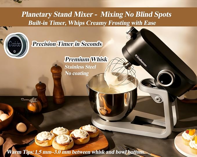 All Metal Stand Mixer DC Motor - 5.3 QT Heavy Duty Pizza Dough Mixer with 4 Stainless Steel Attachments, Quiet Operation with Timer, Verstile Standing Mixer with Power Hub, 8-Speed (Black)