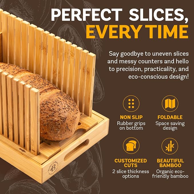 Bread Slicer and Cutting Board Set - Bamboo Bread Slicer with Crumb Tray & Adjustable Width + 4-Piece Bamboo Cutting Board Set for Kitchen