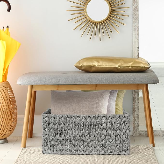 JS HANGER Large Woven Rattan Storage Basket with Handle for Organizing Waterproof Plastic Wicker Basket for Bathroom, Living Room 16.53’’ x 12.8’’ x 7.5’’ Grey
