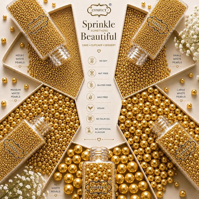 Confect Pearl Gold Sprinkles | Gold Sprinkles for Cakes & Cupcakes Decoration & Celebration | Assorted pack of 5 All That Glitters | Mix Golden Pearl Dragees | Vegan, Gluten-Free, Nut-Free, Soy-Free, Dairy-Free, Palm Oil-Free, No Artificial Dyes- 5 Oz