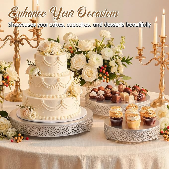 Wenqik 5 Pcs Metal Silver Cake Stand 16/14/12/10/8 Inch Round Cake Holder Display for Dessert Table Cookies Fruit Serving Tray Cupcake Pastry Riser for Wedding Birthday Party and Events