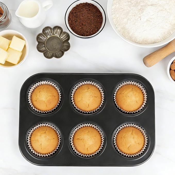 2 Pack 6-Cup Muffin Pan, Heavy-Duty Carbon Steel Nonstick Cupcake Baking Pan, 2.56” Standard Size Cups, Compact 10.43” x 7.28” Design, Oven & Dishwasher Safe (Black)