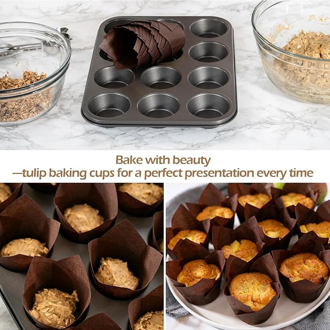 Ruisita 150 Pcs Mini Cupcake Liners Muffin Liners Baking Cups | Tulip Cupcake Liner for Baking Wedding, Birthday, Baby Shower Parties, Brown
