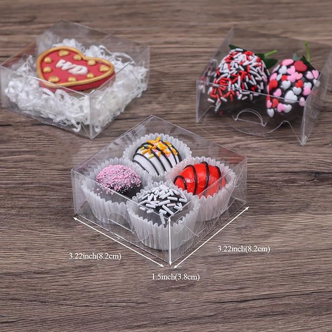 TEMLQPACK 50PCS 3¼"X3¼X1½ Inch Clear Boxes for Cookies, Soap, Chocolate Truffles, Donuts, Macarons, Chocolate-covered Cherries, Mini Bakery Items, Brownies