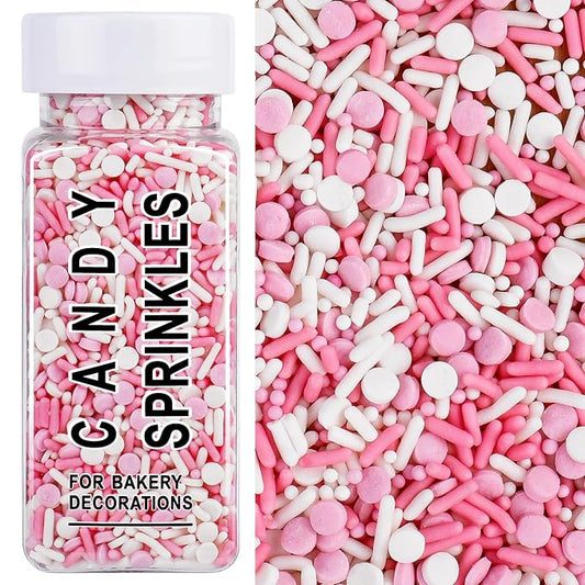 Pink Sprinkles for Cake Decorating, 4.6oz Ice Cream Sprinkles 3-Mix Nonpareils Confetti Jimmies for Cupcakes Ice Cream Dessert