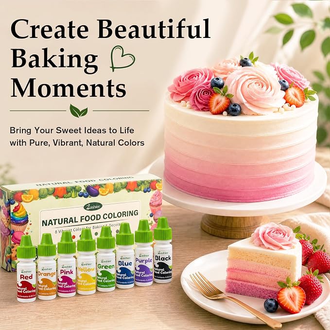 Natural Food Coloring - 8 Colors Dye Free Food Coloring, Free from FD&C Dyes & Artificial Colors, Gluten Free, Concentrated Formula for Baking, Frosting, Icing, Cookies, Drinks, Easter Eggs & Holiday Treats (0.25 fl oz Each)