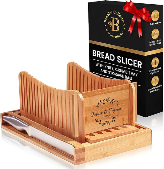 Personalized Bread Slicer with Bread Knife - Bamboo Bread Slicer for Homemade Bread with 3 Slice Thickness, Compact Foldable Cutting Guide with Crumb Tray, for Cake, Bagels by Bambüsi