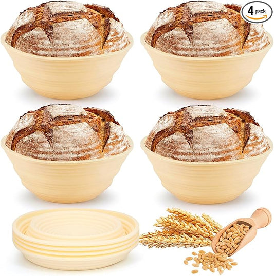 4PCS Silicone Banneton Bread Proofing Baskets, 9" Collapsible Round Sourdough Bread Baking Supplies, Non-Stick Dough Proofing Bowl Containers, Oven & Dishwasher Safe, BPA Free