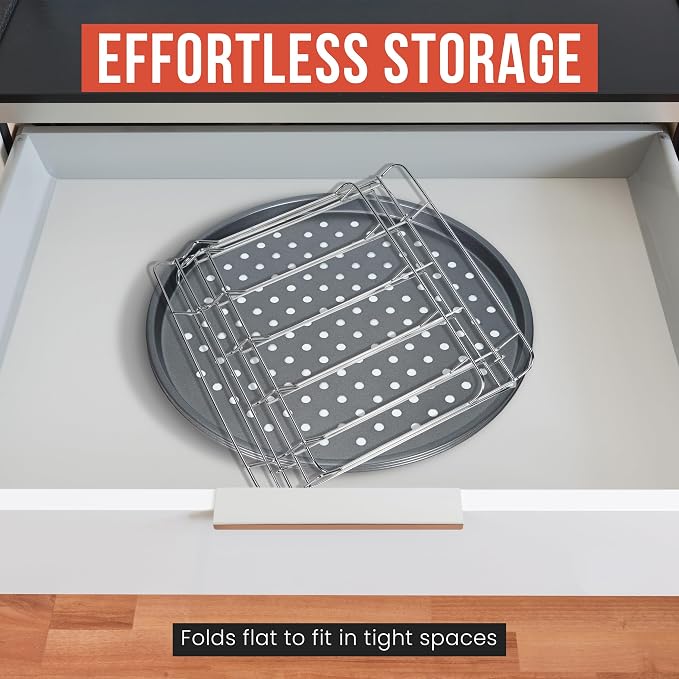 Chef Pomodoro Pizza Pan and Pizza Rack Baking Set (13-Inch Pans), Non-stick Perforated Trays for Oven or Grill, Foldable Rack Stand Accessories and Supplies for Countertop, Cooling, & Baking