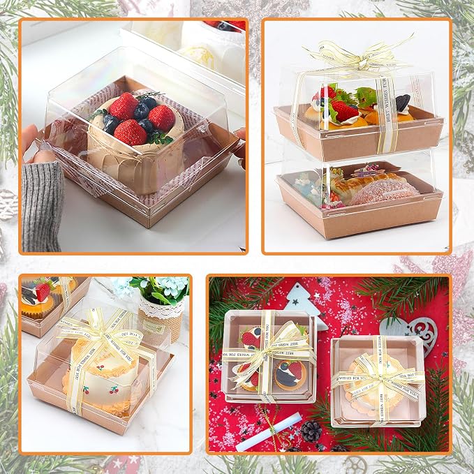 7 x 7 x 4 Inches Paper Charcuterie Boxes with Clear Lids, 25 Pack Large Clear Cake Boxes for 4-6 Inch Cake, Disposable Bakery Boxes Food Containers for Cupcakes,Pie,Cookies, Cocoa Bomb Brown