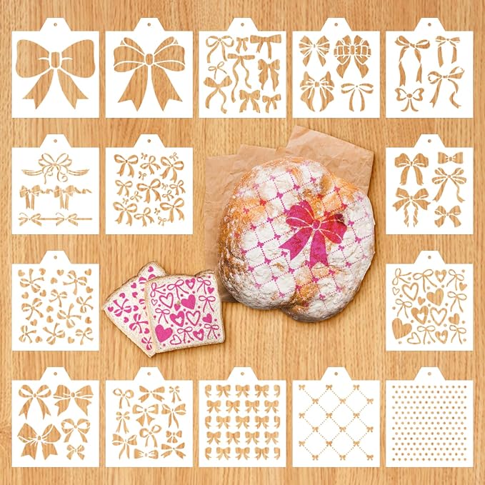 Whaline 15 Pcs Cookie Stencils Biscuit Cake Baking Templates Coquette Bowknot Airbrush Painting Stencils with Bead Chain Decorative for DIY Crafts Birthday Bachelorette Party