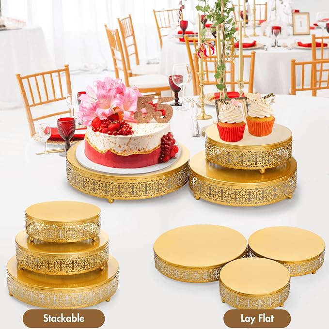 Youeon Gold Round Cake Stand Set of 3, 12/10/8 Inch Metal Hollow Cake Pedestals with Low Feet, Dessert Display Stands for Wedding, Birthday, Party, Anniversary & Holiday Entertaining