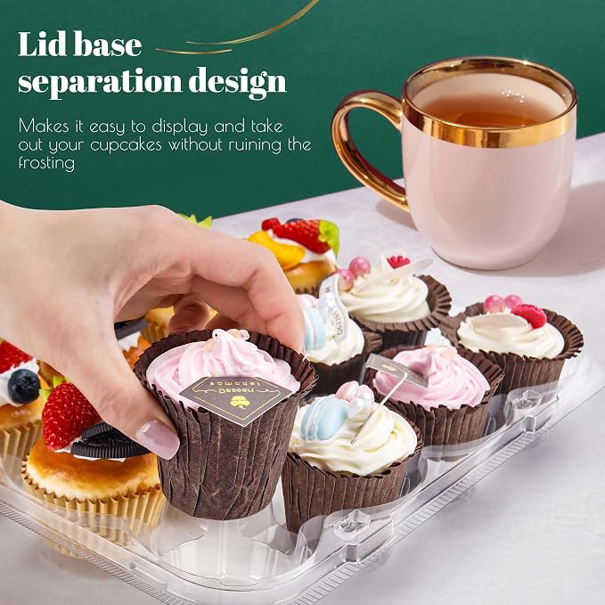 NPLUX 12 Count Cupcake Containers 12 Pack Cupcake Holders Plastic Stackable Cupcake Boxes with Detachable Tall Dome Lids and 144 Liners for 144 Cupcakes, BPA Free, Standard Size