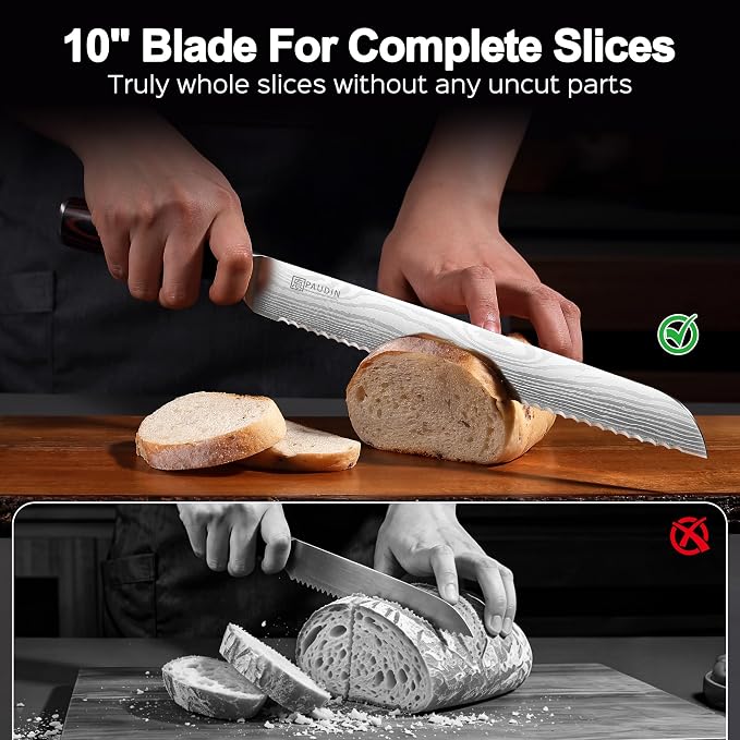 PAUDIN Bread Knife, 10 inch Serrated Knife, German Stainless Steel Bread Knife for Homemade Bread, Razor Sharp Edge for Efficient Slicing Sourdough Bread, Bagels, Cake