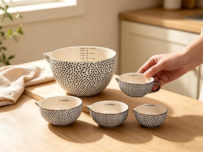 Ceramic Mixing Bowl Set – 5-Piece Measuring & Serving Bowls with Large Mixing Bowl, 1/4 to 1 Cup Measures, Geometric Dot Pattern for Baking, Cooking & Food Prep