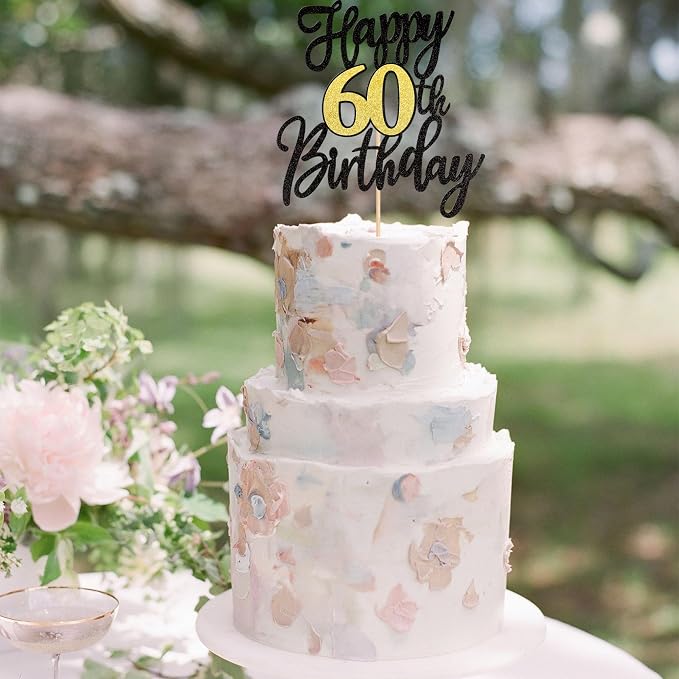 1 PCS Happy 60th Birthday Cake Topper Black Gold Glitter Cheers to 60 Years Birthday Cake Pick 60 Fabulous Cake Decoration for Happy 60th Birthday Anniversary Party Cake Decorations Supplies