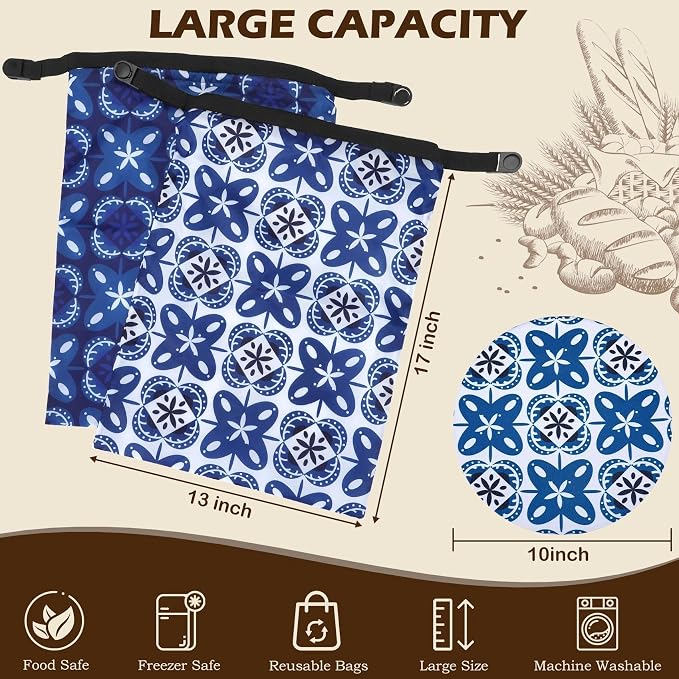 2 Pack Reusable Bread Bags for Homemade Bread, 17"×13" Sourdough Bread Storage Bags with Bowl Cover - Keep Loaf Fresh and Easy to Wash(Blue Gemstone Floral)