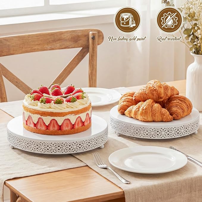 Wenqik 2 Pcs White Cake Stand 14/16 Inch Round Metal Cupcake Dessert Wedding Cake Stand Cookies Display Holder Modern Design Fruit Serving Tray for Table Wedding Birthday Anniversary Party