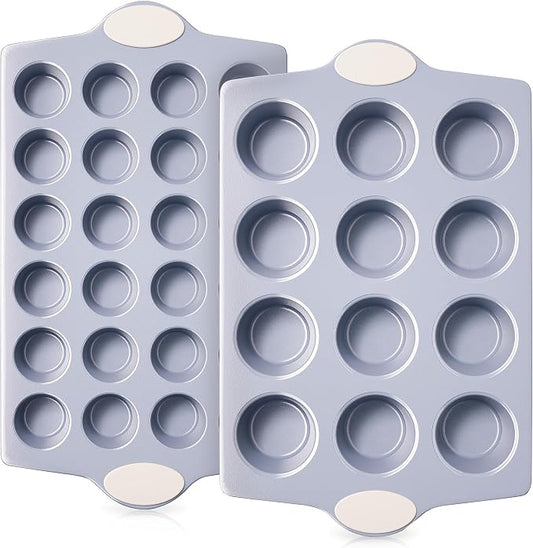 BRONYPRO 2-Pack 12 Cup and Mini 24 Cup Non Toxic Nonstick Ceramic Muffin Pan & Cupcake Tin, PFOA & PTFE Free, Heavy Duty Rust-Resistant Aluminized Steel, Oven & Dishwasher Safe, Cream White