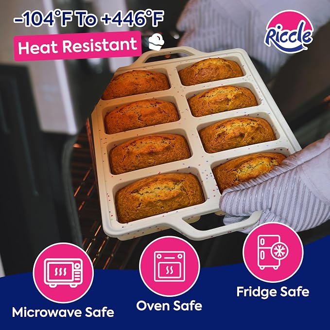 RICCLE Silicone Mini Loaf Pans – 2 Pack, 8 Cavity Silicone Molds for Baking, Non-Stick Silicone Baking Pan & Bread Pan with Metal Reinforced Frame | Mini Banana Bread Pan, Small Loaf Pans for Baking
