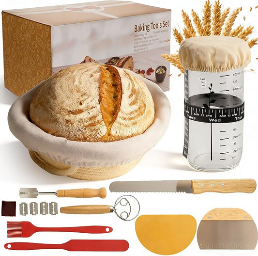 Sourdough Starter Kit, Sourdough Bread Baking Supplies with 24oz Starter Jar -Round Cotton Rope Rising Basket with Bread Knife, Dough Scraper, Liner & Cover, Easy No -Fail Kit, Gift for Home Bakers