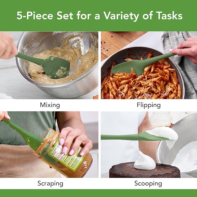 Tovolo Flex Core 5 Piece Silicone Spatula Set Heat Resistant All Silicone Utensils Include Non Stick Spatula Spoonula Jar Scraper, Dishwasher Safe BPA Free Spatulas for Baking Mixing, Pesto Green