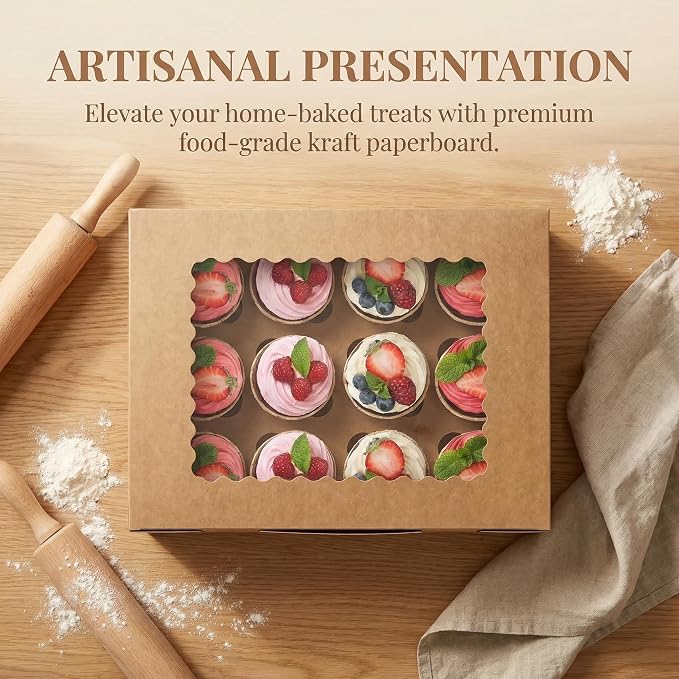 Jucoan 20 Pack Cupcake Boxes, 12 Counts Dozen Cupcake Containers with Window and Insert, Brown Bakery Pastry Treat Boxes for Muffins, Cookies, Donuts, Take Out Containers for Party
