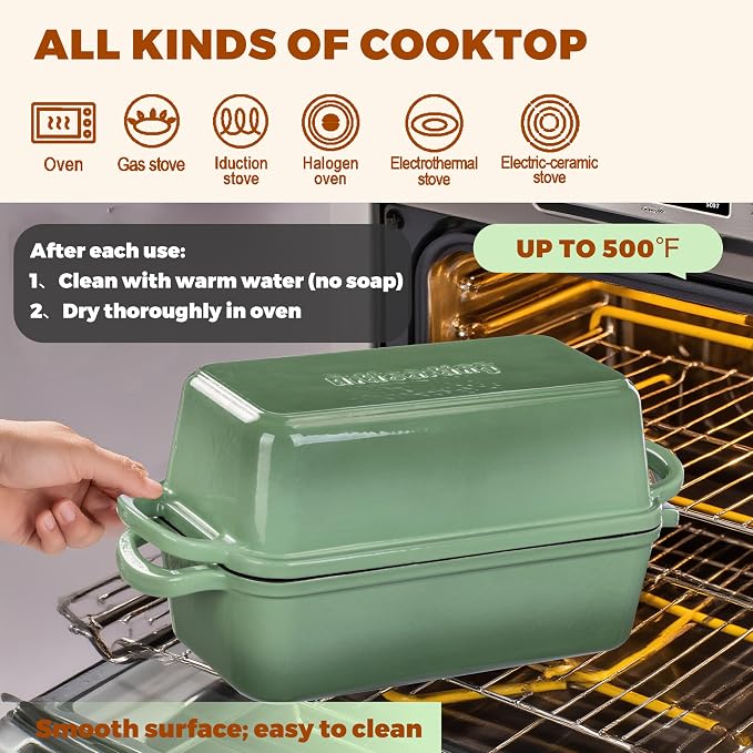 11x5 Inch Cast Iron Loaf Pan With Lid, 5.8 Qt Large Loaf Pans for Sourdough Bread Baking, Heavy Duty Dutch Oven Bread Pan For a Crispy Crust, Pistachio