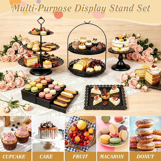 HAISIWLKJ 10 Pcs Black Cake Stand Set Metal Cupcake Stands, Multiple Styles Dessert Display Tower for Candy Fruit, Cake Serving Trays for Birthday, Wedding, Anniversary, Baby Shower, Engagement Party