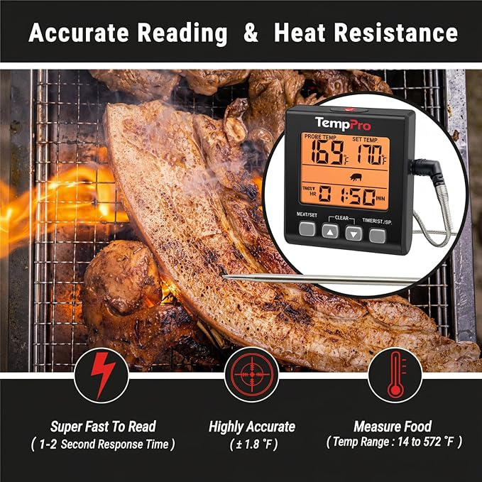 TempPro TP16SW Digital Meat Thermometer for Cooking and Grilling, BBQ Food Thermometer with Backlight and Kitchen Timer, Grill Temperature Probe Thermometer for Smoker, Barbecue, Oven, Black