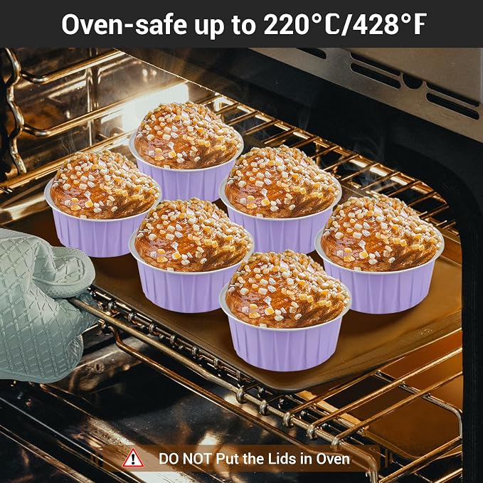 EUSOAR Aluminum Foil Baking Cups with Lids, 50pcs 5oz Creme Brulee Ramekins Disposable, Muffin Liners Cups Oven Safe Mini Cheesecake Foil Pans Dessert Containers with Lids for Party Favor Birthday
