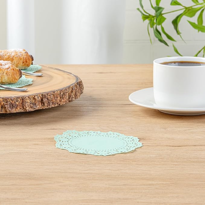 Pastry Tek 4 x 4 Inch Paper Lace Doilies, 100 Disposable Table Doilies - Elegant Lace Finish, Long Lasting, Teal Paper Doily, for Pastries, Cupcakes, Desserts - Restaurantware