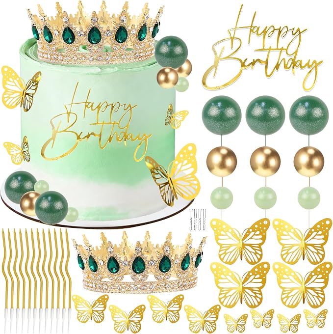 Crown Cake Topper, Green & Gold Crown Balls Happy Birthday Cake Toppers Candles Butterfly, Corona Para Pastel, Crown Cake Decoration for Women Queen Princess Party Wedding (Gold, Green)