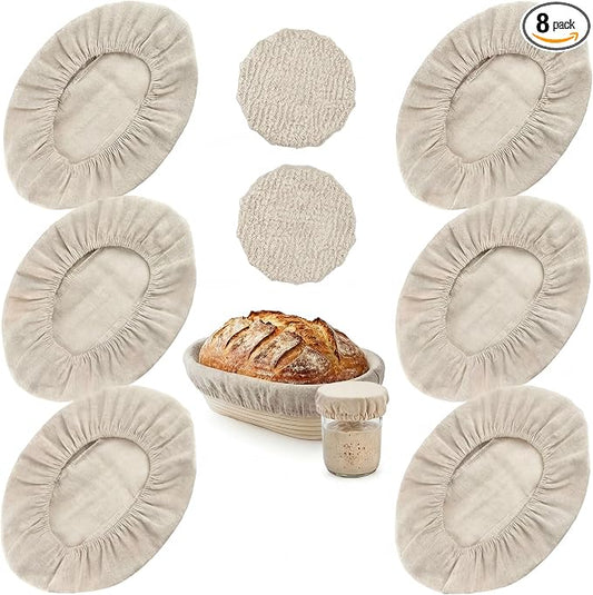 8 PCS Bread Proofing Basket Cloth Liner (6 Oval) & 2 Sourdough Starter Jar Covers, 10 Inch Reusable Banneton Basket Cover for Sourdough Baking, Reusable Dough Bowl Liner (Oval)