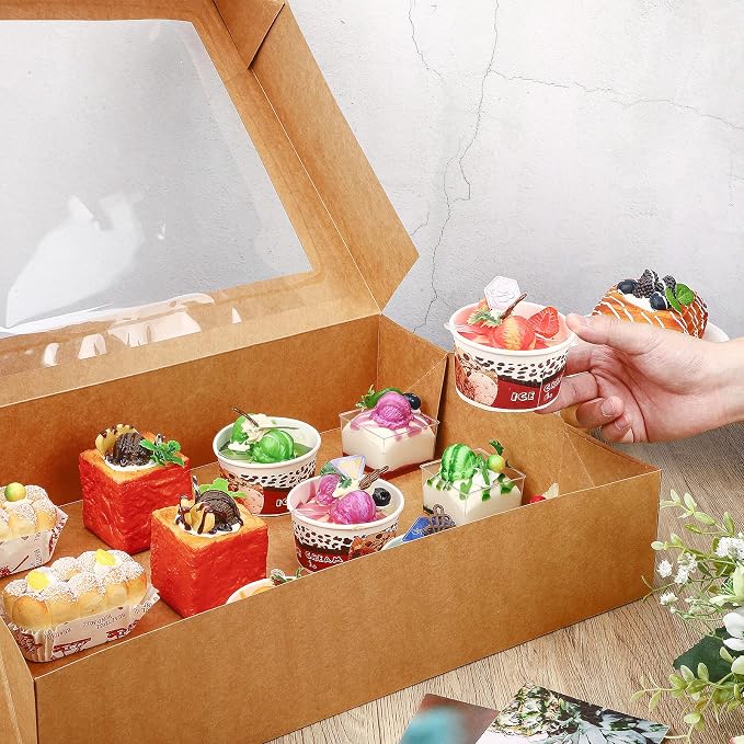 Gersoniel 19x14x4 Inch Half Sheet Cake Boxes Large Rectangle Bakery Boxes with Window Cardboard Treat Packaging Bakery Take out Containers for Pastry Baking Donuts Cupcake Pie(Brown,10 Pack)