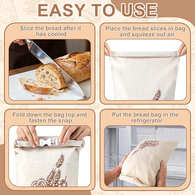 2pack Beeswax Linen Bread Bag Large Reusable Sourdough Bread Bags | 17 x 12 in, Beeswax Liner, Buckle Closure, Keep Bread Fresh, Baking Storage, Green Leaves Design