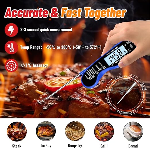 Stocking Stuffers for Men Women Adults: Meat Thermometer, IP67 Waterproof Digital Meat Thermometer with Backlight, Hold Function & Magnet for Grill, BBQ, Candy, Beef,Turkey