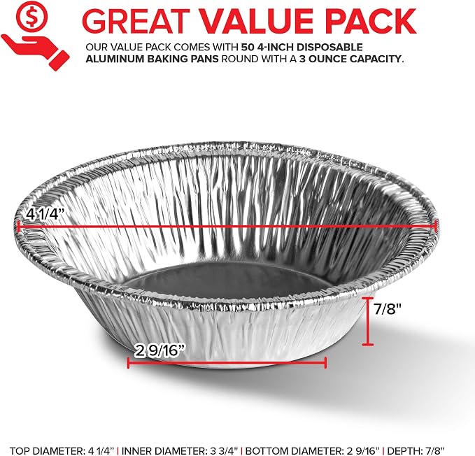 Stock Your Home 4 Inch Mini Aluminum Foil Pans (50 Count) – Disposable Small Tins for Baking Tiny Treats, Fruit Tarts, Quiche, and Mince Pies