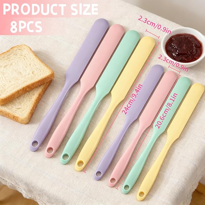 8 Pack Silicone Jar Spatula Set – Long Handle Small Skinny Spatulas 9.4" & 8.1", Flexible Heat Resistant Silicone Scraper for Baking, Mixing & Sourdough Starter (Purple Green Pink Yellow)