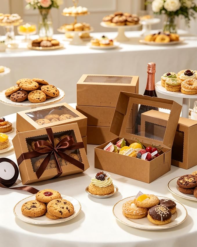 COTOPHER 50Pcs Cookie Boxes with Ribbons, 9x6x3 Inch Bakery Boxes with Window, Brown Treat Containers for Pastries, Chocolate Covered Strawberries, Dessert, Easter Candy, Muffins, Donuts