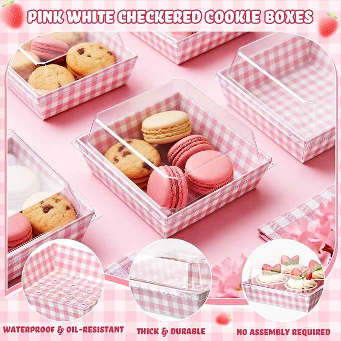 Potchen 100 Pack Pink Plaid Charcuterie Boxes with Clear Lids – Pink ＆ White Bakery Gift Boxes with Window for Cookies, Candy, and Mini Cakes – Ideal for Summer Gift Giving & Bakery Packaging