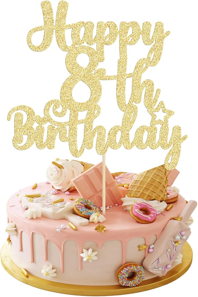 Gyufise 1Pc Happy 8th Birthday Cake Topper Glitter 8 & Fabulous Cheers to 8 Years Old Birthday Cake Pick for Celebrating 8th Anniversary Party Cake Decorations Supplies Gold