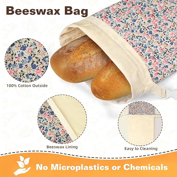 2 Pack Beeswax Bread Bags for Sourdough Homemade Bread, XL Reusable Bread Storage Bag, Organic Waxed Line and Linen Fabric Bread Bag for Home Bakers, Picnics Work or Gift-Giving
