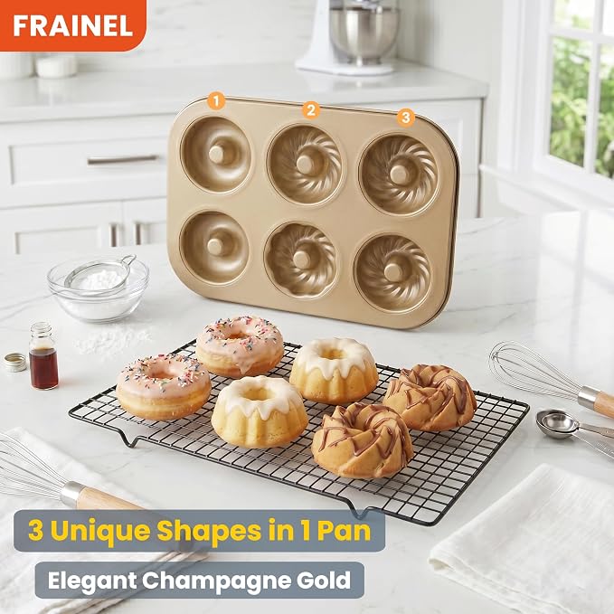 6-Cavity Donut Pan for Baking, Non-Stick Carbon Steel Doughnut Molds with 3 Unique Shapes (Petal, Swirl & Classic), Heavy-Duty Bagel & Mini Bundt Tray, Champagne Gold