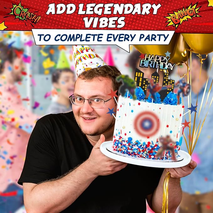 Superhero Birthday Decorations - 11Pcs Colorful Superhero Cake Topper with Bold Action Figures, Sturdy Cardboard & Installation Stick, Easy to Use, Super Hero Birthday Decorations for Boys & Girls