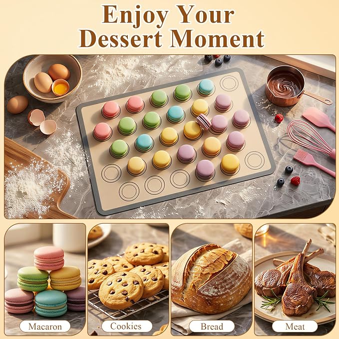 Supkiir 33 Pcs Macaron Silicone Baking Mats Kit, 2 Sheet Nonstick Macaroon Mat Silicone, 2 Piping Pastry Bag, 14 Piping Tip, 2 Coupler, 5 Scraper Set, 1 Egg Beater, 6 Embossing-Molds Macaron